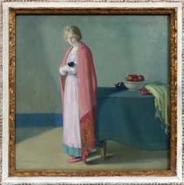 MYRON BARLOW (AMERICAN 1873-1937), OIL ON CANVAS, H 37", W 37", WOMAN WITH BOWL OF APPLES.
Lot # 2001  