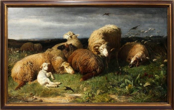 JOHANN BAPTIST HOFNER (GERMAN 1832-1913), OIL ON CANVAS, 1865, H 49", L 28 1/2", "SHEEP"
Lot # 2003  