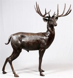 BRONZE LIFE-SIZE STANDING STAG GARDEN SCULPTURE, MATE TO ABOVE, H 76", W 70"
Lot # 2054  