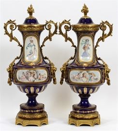 FRENCH, SEVRES PORCELAIN AND BRONZE MOUNTED URNS, 19TH.C. PAIR, H 22", DIA 11"
Lot # 1006  