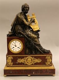 B. MARCHAND FRENCH, BRONZE & MARBLE FIGURAL MANTLE CLOCK, 19TH C., H 31", L 22", D 10"
Lot # 2082  