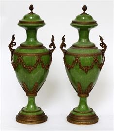 FRENCH, BRONZE & PORCELAIN MOUNTED COVERED URNS, PAIR, H 21"
Lot # 1096