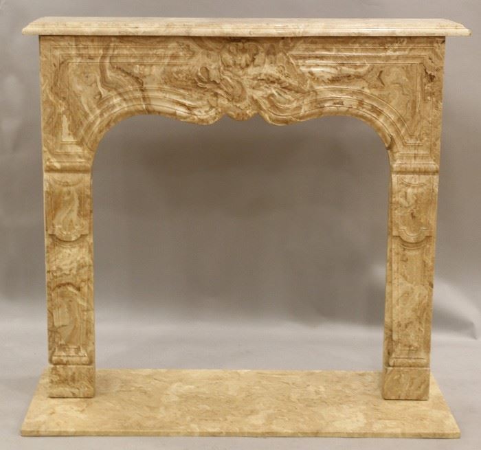 FRENCH STYLE, SCROLLING ARCHED BEVELED MARBLE TOP FIREPLACE MANTLE, H 42", L 48", D 10"
Lot # 0002