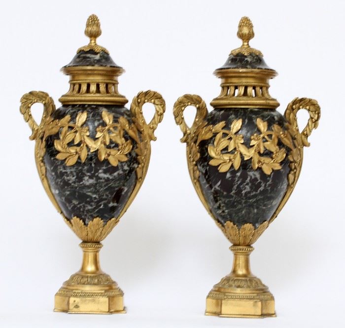 FRENCH BRONZE & MARBLE URNS, 19TH C., PAIR, H 11 1/2", W 5 1/2"
Lot # 1038 