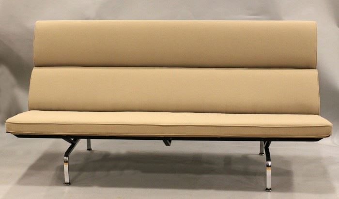 EAMES FOR HERMAN MILLER, MID-CENTURY MODERN UPHOLSTERED AND CHROME PLATED COMPACT SOFA, H 35", W 72", D 30"
Lot # 1012  