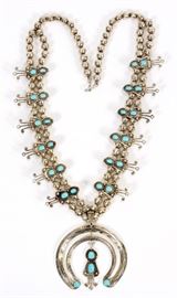 SOUTHWESTERN STERLING SILVER & TURQUOISE SQUASH BLOSSOM NECKLACE, L 26 1/2"
Lot # 2040 