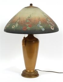 JEFFERSON, REVERSE PAINTED TABLE LAMP, C1920, H 25", DIA 18" (SHADE), "HOLLYHOCK"
Lot # 0027 