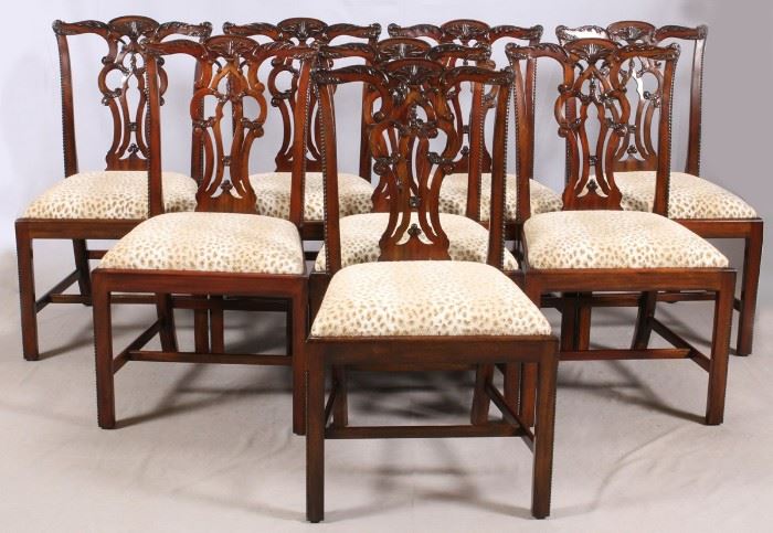MAITLAND-SMITH CHIPPENDALE STYLE MAHOGANY DINING CHAIRS, SET OF 8, H 38 1/2", W 20 1/2", D 20"
Lot # 2305 