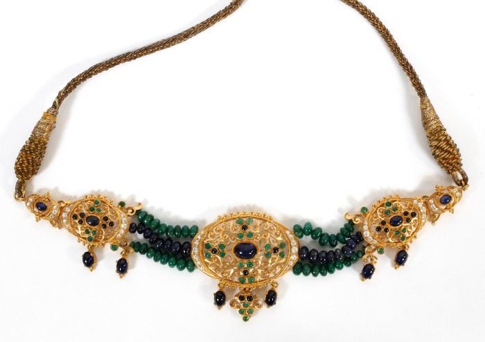 EAST INDIAN, 22KT YELLOW GOLD, EMERALD AND SAPPHIRE CHOKER NECKLACE
Lot # 0020 