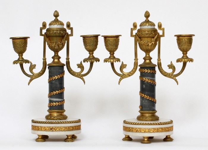 FRENCH BRONZE & MARBLE CANDELABRAS, CA. LATE 19TH C., PAIR, H 10", W 6 3/4", D 4"
Lot # 1059 