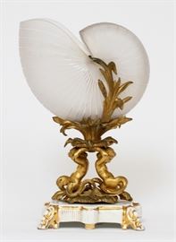FROSTED GLASS NAUTILUS SHELL, BRONZE MOUNTS CA. LATE 19TH C., H 10 3/4", W 7", D 3 1/4"
Lot # 1045 