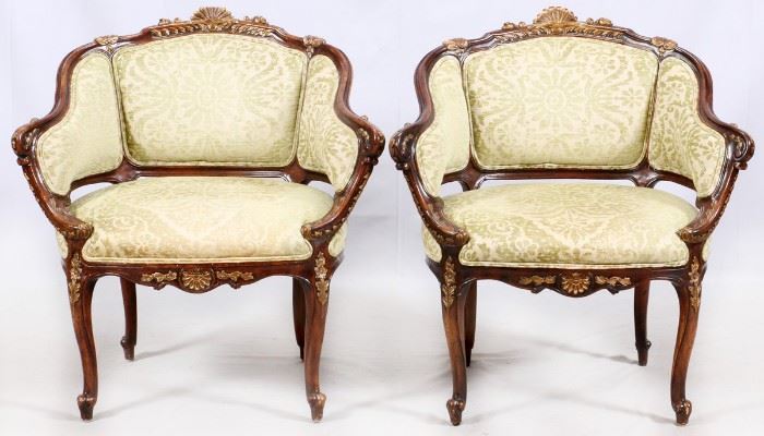 FRENCH STYLE UPHOLSTERED WALNUT ARMCHAIRS, PAIR, H 36'', W 34'', D 26''
Lot # 1153 