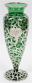 GREEN GLASS WITH STERLING OVERLAY VASE, C. 1900, H 14 1/4", DIA 4 1/2"
Lot # 1055