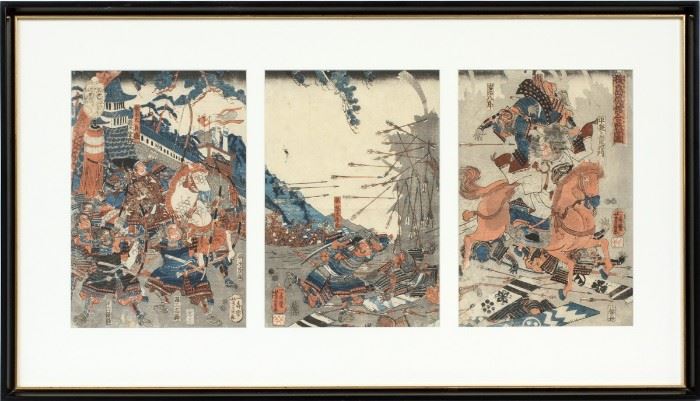 UTAGAWA YOSHIKAZU, WOODBLOCK PRINT ON RICE PAPER, UKIYO-E PERIOD, TRIPTYCH, H 13 1/2", W 9 1/2"
Lot # 1176 