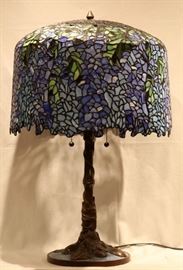 TIFFANY STYLE THREE-LIGHT PATINATED METAL AND LEADED GLASS LAMP, H 29", DIA 18"
Lot # 0165 
