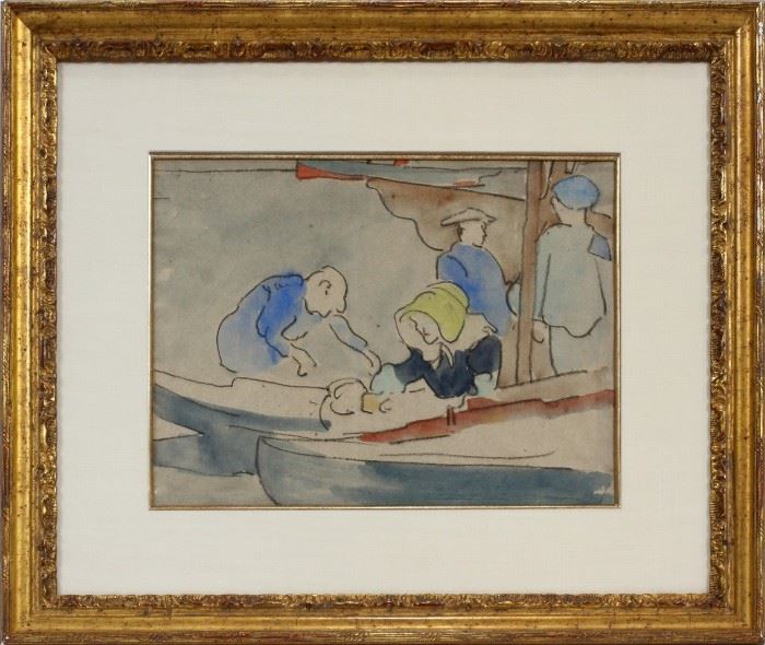 LOUIS VALTAT (FRENCH, 1869–1952), WATERCOLOR, "OYSTER FISHERMAN", FOUR FIGURES IN A BOAT, H 8 1/8", W 12":
Lot # 2034 