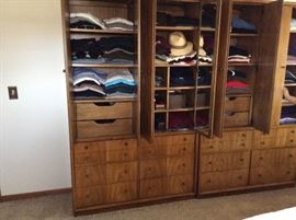 2 Custom solid wood Stanley armoires with drawers shelves and cubbies