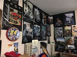 Walls filled with racing and other posters and collectibles.