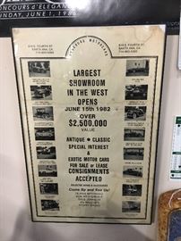 Framed “Concours Motorcars” showroom opening poster, June 15, 1982, Santa Anna, CA.