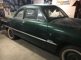 1951 Ford V8 Custom 2-door Coupe, not running, includes some new and used parts for restoration. We will show the car by appointment only before the sale Monday, Tuesday and Wednesday, December 3-5. Please call to make an appointment.