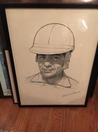 Bill Vukovich portrait print. He died in a crash at 1955 Indy 500, which he won the two previous years. We also have his autograph--not sure if it's pictured.