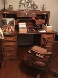 Beautiful antique oak executive roll-top desk with chair.