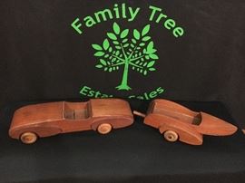 Carved wood car, trailer and boat, made by Frank Kurtis Co., Glendale, CA. See photo showing this set on Frank Kurtis' desk.
