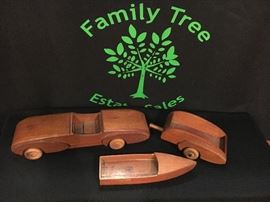 Carved wood car, trailer and boat, made by Frank Kurtis Co., Glendale, CA. See photo showing this set on Frank Kurtis' desk.