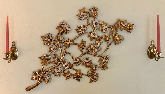 Syroco Floral Wall Art, Brass Wall Candle Sconces 