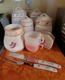 80s Southwest Style Kitchen Canisters with Napkin Holder & Utensil Jar, 60s Cooking Utensils