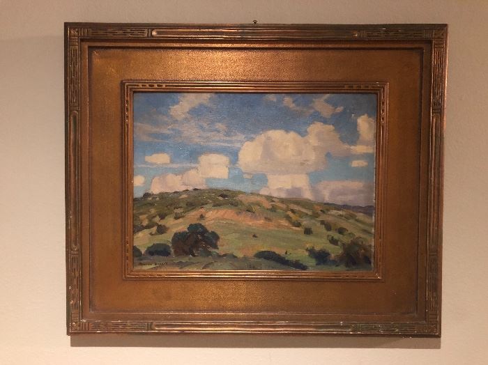 Original landscape painting by 20th Century Texas regional artist, Reveau Bassett (1897-1981) who was once a member of the Dallas Nine.  This painting was originally sold through the Joseph Strator Gallery of Dallas, TX , who handled a lot of art by members of the Dallas 9 during the 1930's and 1940's (their label is on the back) size is 12 x 16 oil on canvas board with the original gilt wood frame.  It is singed on the lower left corner.    This painting has been in the family for 3 generations.    For inquiries please call or text the phone number posted for this particular sale and ask for Brad.   (Photo by BC)