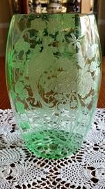 Green Etched Peacock Vase