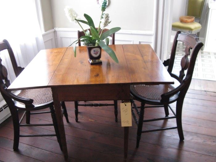          Small antique pine drop leaf table w/ caned 
                                        Victorian chairs