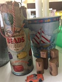 Vintage canned beads and tin pail