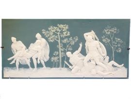 Mettlach Phanolith Porcelain Plaque - Signed by Jean-Baptiste Stahl, numbered "7031". Plaque measures 24 1/4" wide x 11 1/2" high. 