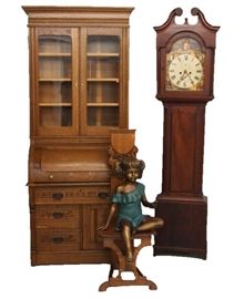 Oak Secretary, Mahogany English Grandfather Clock, Carved Oak Chair, Bronze Seated Girl  