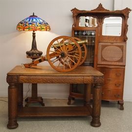 Oak Secretary, Model Cannon by Dean DuVall, Leaded Glass Lamp, Oak Library Table