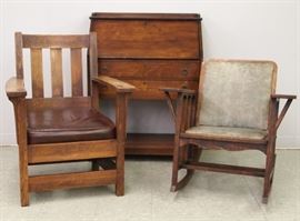 Arts Crafts Furniture - Limbert Arm Chair,  Slant Front Desk,  Oak "McKinley" Rocker by David Wolcott Kendall for Phoenix Furniture Company, Grand Rapids, MI . 