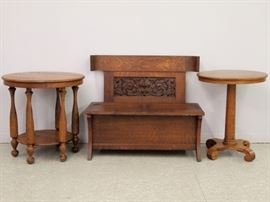 Carved Oak Bench & Oak Side Tables