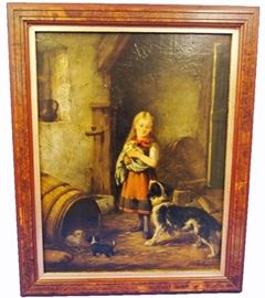 Oil on Canvas - Cottage Interior, Laid on Board & Signed