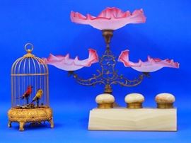 Pink Satin Glass Epergne,  Onyx Inkwell,  Singing Bird Automaton