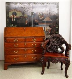 Mahogany Slant Front Desk, Carved Chinese Chair, Four Panel Chinese Screen 