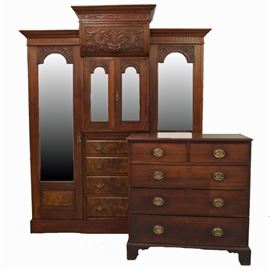 Walnut Three Door Wardrobe, Mahogany Georgian Chest