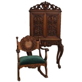 Carved Walnut Cabinet, Oak Rocking Chair