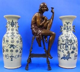 Chinese Blue and White Vases, Seated Woman in Bronze