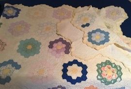 This antique delicate Quilt with Octogon Design Baby Blue/Baby Pink 60x75 Quilt is hand pieced and hand quilted.