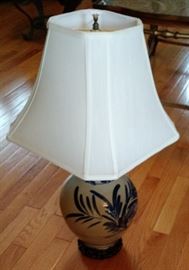 Chinese (Satsuma) Blue Grey Vase purchased at Clements Antique Chattanooga, TN and transformed into a beautiful lamp sitting on a solid wood base.