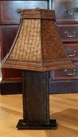 Cast Iron Base Lamp with Rattan Shade. Very Heavy and Unusual.