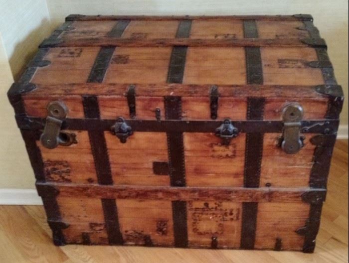 Antique Domed Top Steamer Chest C. 1880 Victorian Barreled, used for Wedding, shown closed, with brass locks.  The owner actually used this piece as a Cocktail and/or Coffee Table and comes with custom cut glass.  Very nice find.