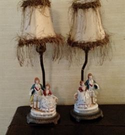 Two Twin Victorian Lamps - with Shabby Chic shades